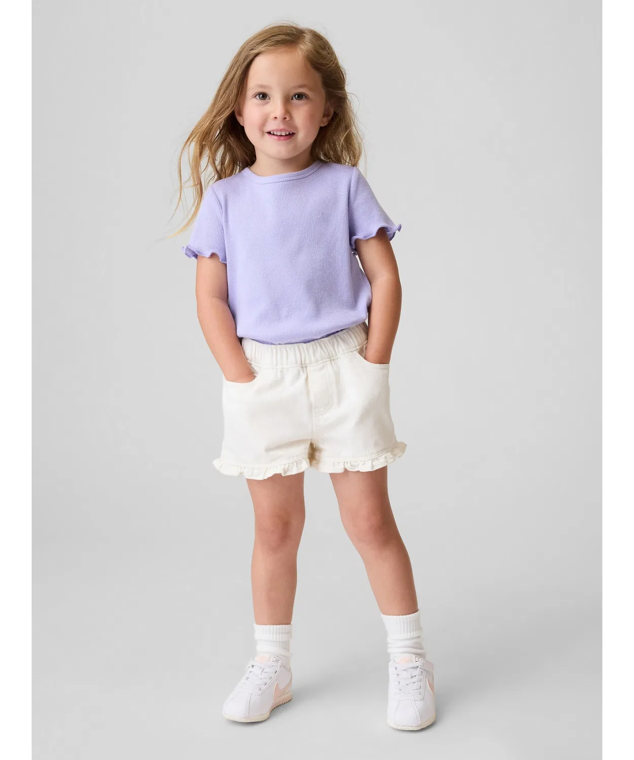 Детские шорты джинсовые с рюшами Stride Pull On Ruffle Gap, Off White — фото 2