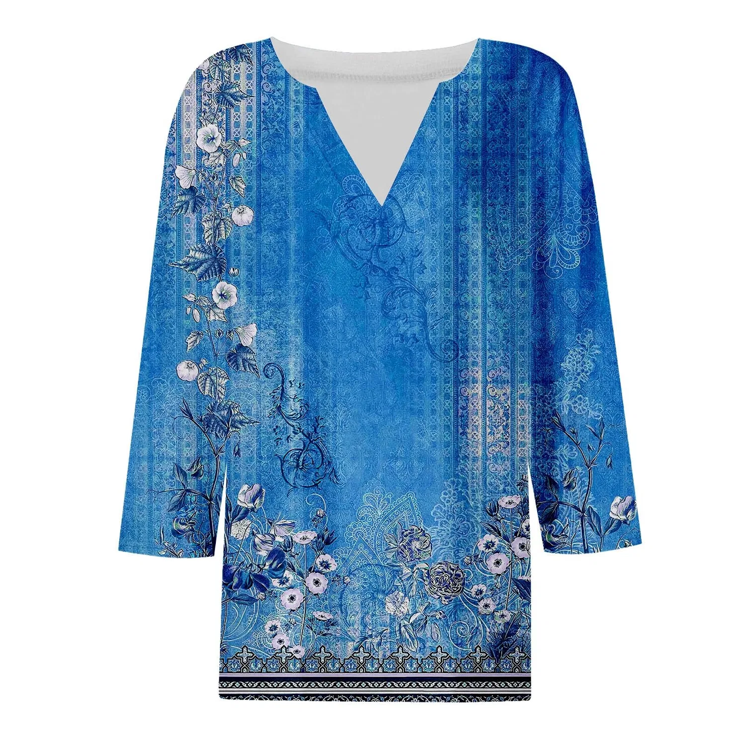 Женская блуза с принтом Women Blouses 3/4 Sleeve V Neck Casual Elegant Summer Boho Floral Print Blouses, 40#azzurro Cielo — фото 3