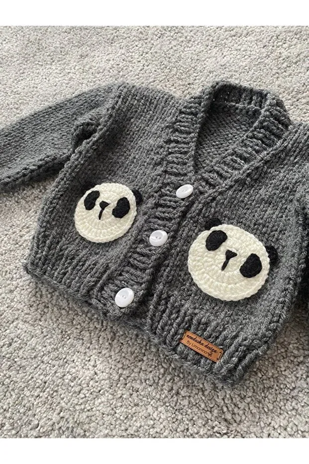 Детский кардиган для мальчиков с принтом Hand Knitted Cute Panda Detailed Nevalin, Gray — фото 2