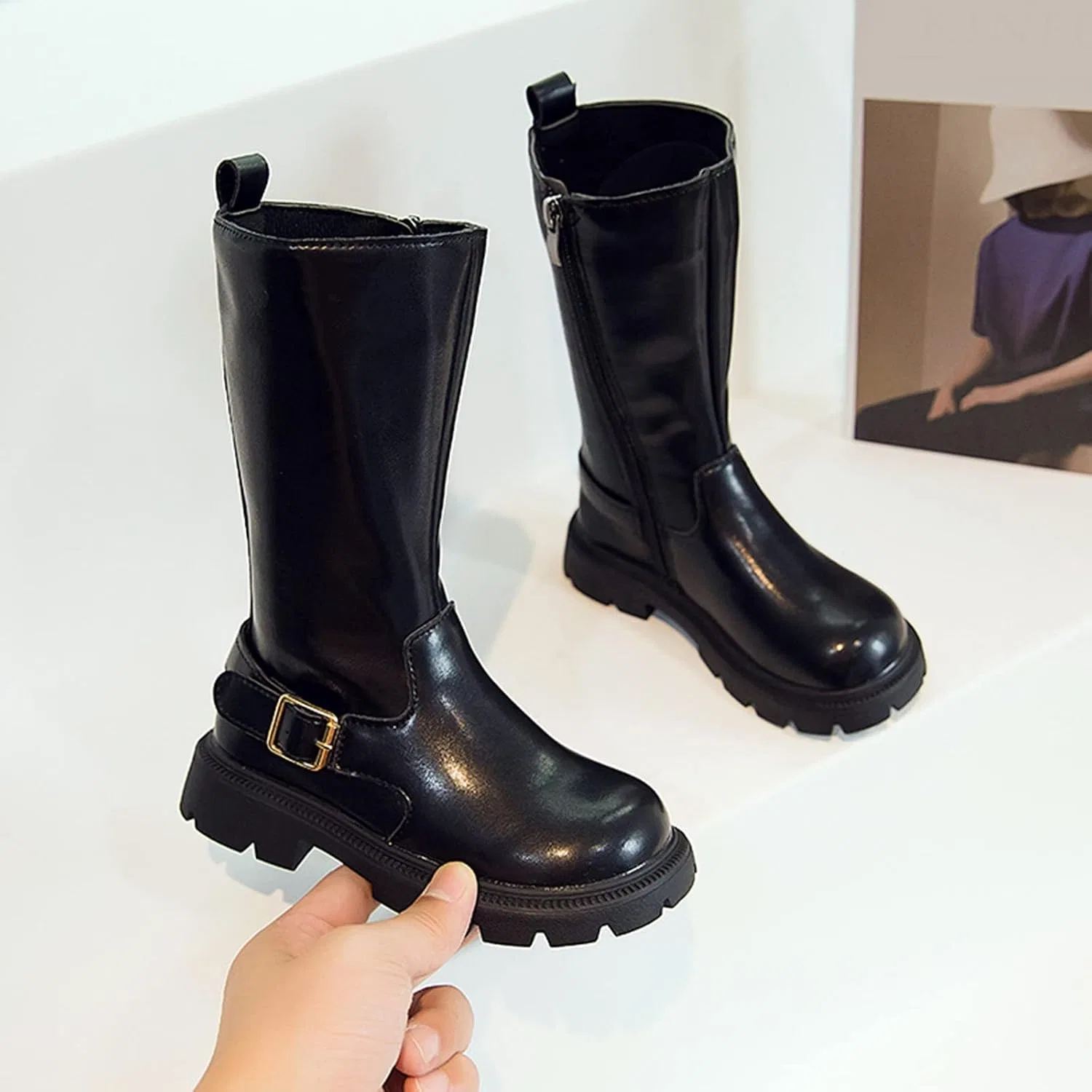 Детские ботинки для девочек с толстой подошвой Black Girls Shiny Boots, Black — фото 3