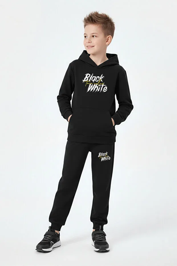 Детский комплект спортивного костюма для мальчиков с принтом Hooded Kangaroo Pocket Black and White Print Detailed Boys' Tracksuit Set Panios Kids, Black