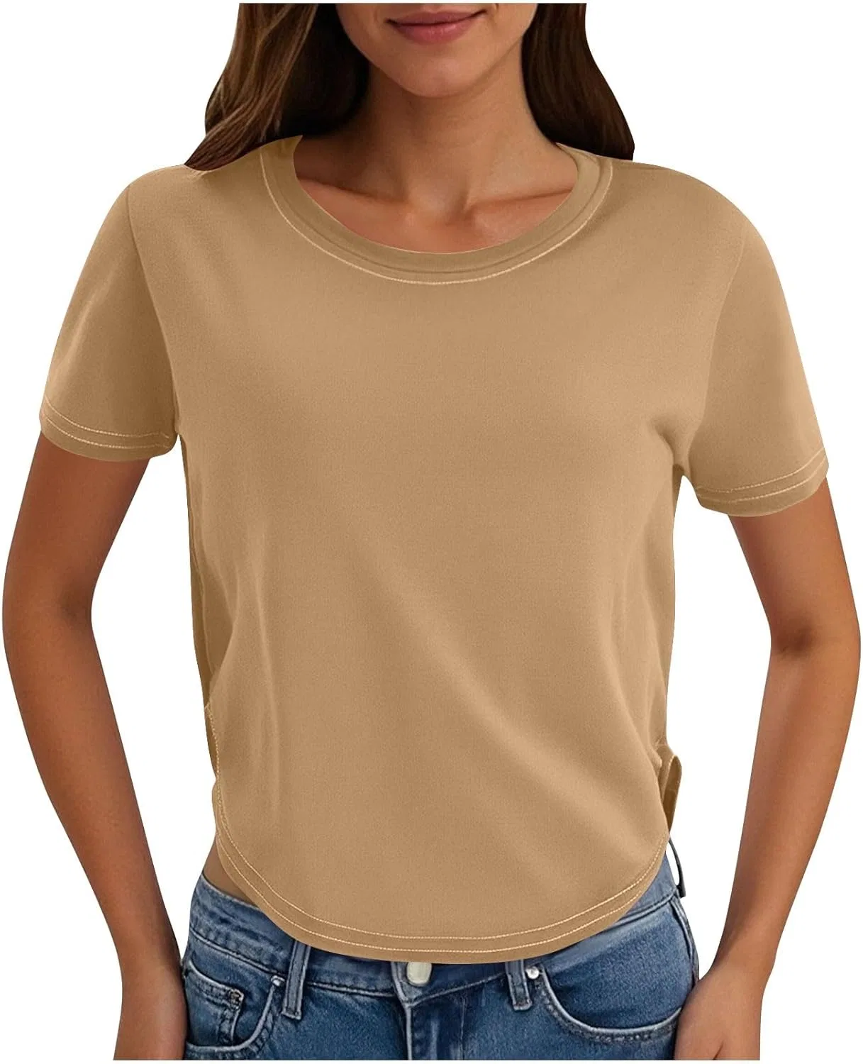 Женская повседневная футболка с коротким рукавом, Khaki-1