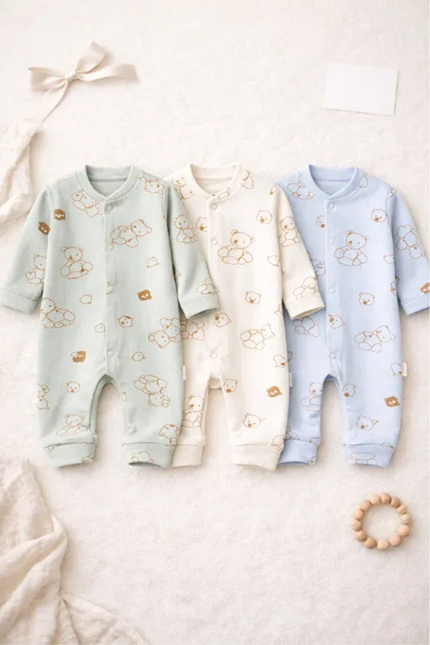 Детский комбинезон с принтом 100% cotton dog patterned 3-piece romper Bamoola, Nude Color — фото 3