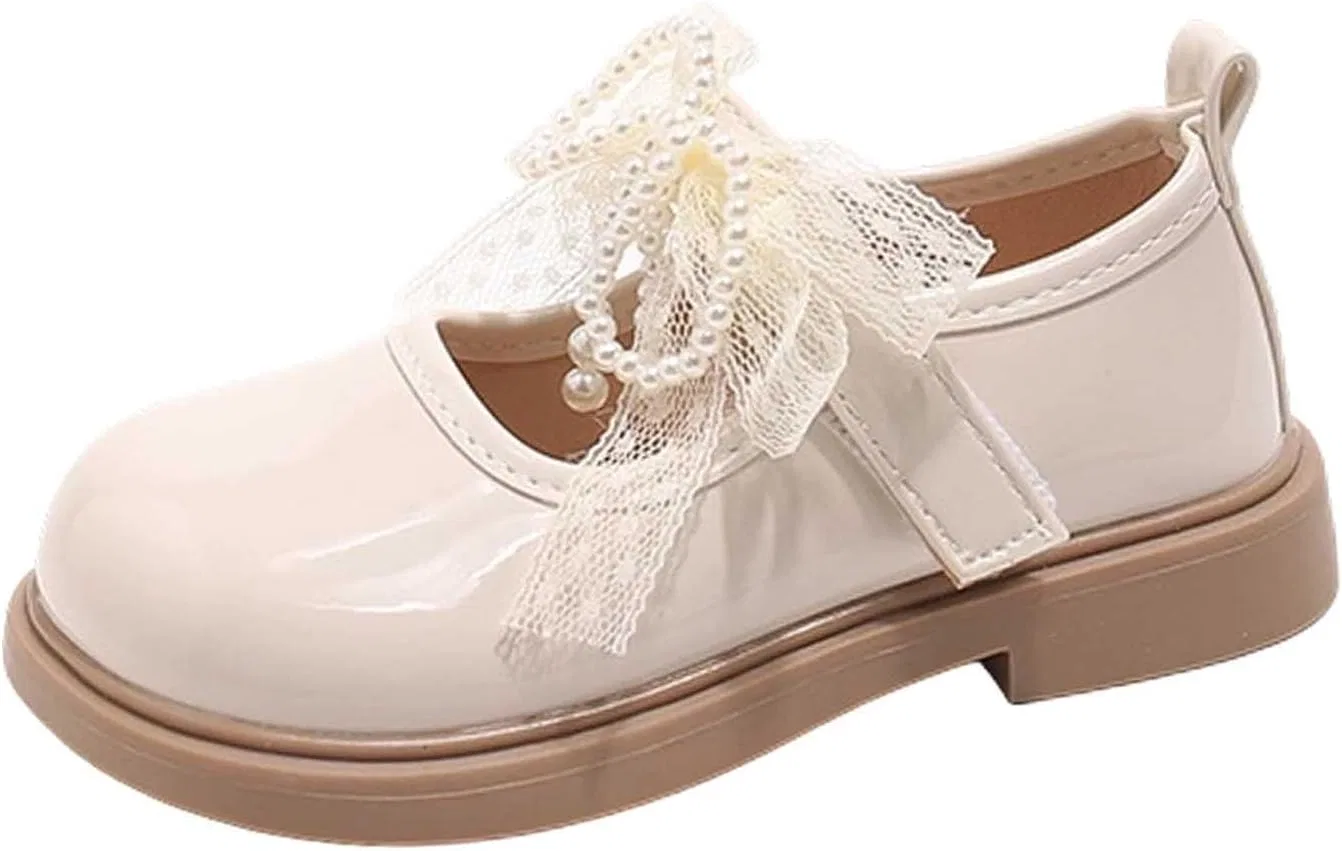 Детские туфли Мэри Джейн с кружевным бантом и жемчугом, Zzalalana, Beige