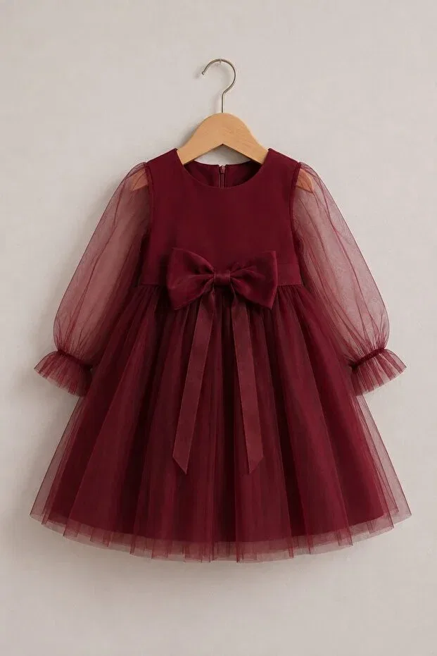 Детское платье для девочек с длинным рукавом Burgundy bow-tie tulle dress Çanta Lilaa, Burgundy — фото 3