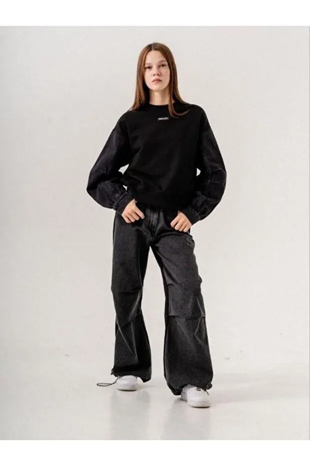 Детские свитшот для девочек с джинсовым рукавом Zekids, Black