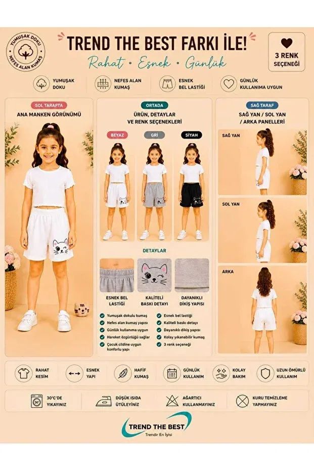 Детские шорты для девочек с принтом Summer winking pink heart eared cat printed girls' shorts Trend The Best Trendin En Iyisi, Multicolor — фото 3