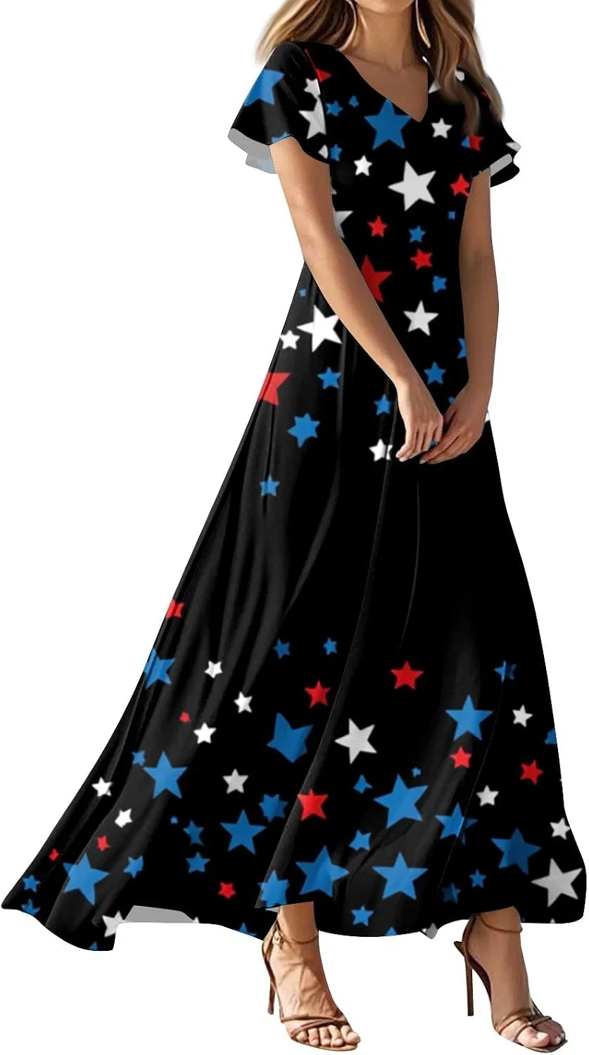 Женское макси-платье с принтом звезд, Patriotic Dress, Black
