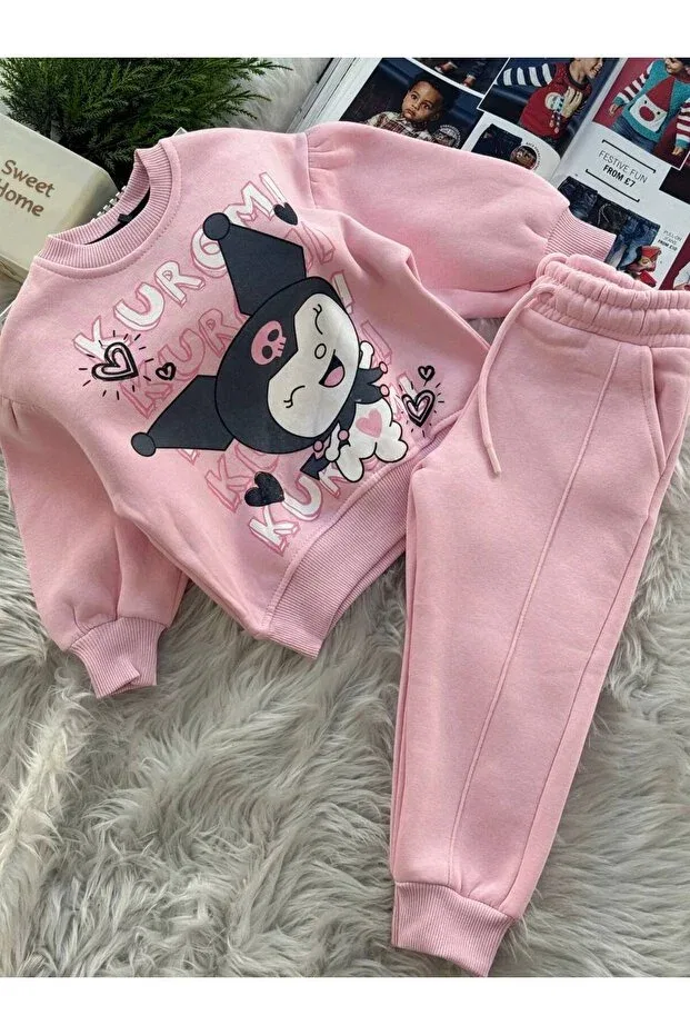 Детский для девочек комплект спортивного костюма с принтом Kuromi patterned pink 3 thread ribbed, Paty Kids, Pink — фото 2