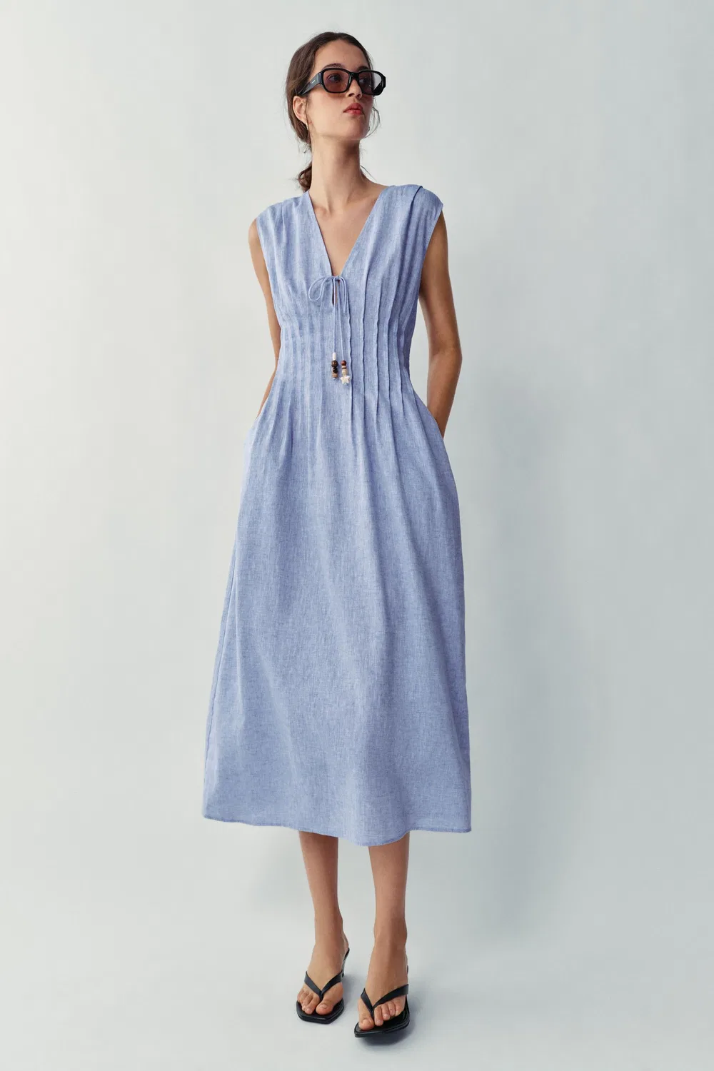 Платье миди из льняной смеси с защипами ZARA, Blue