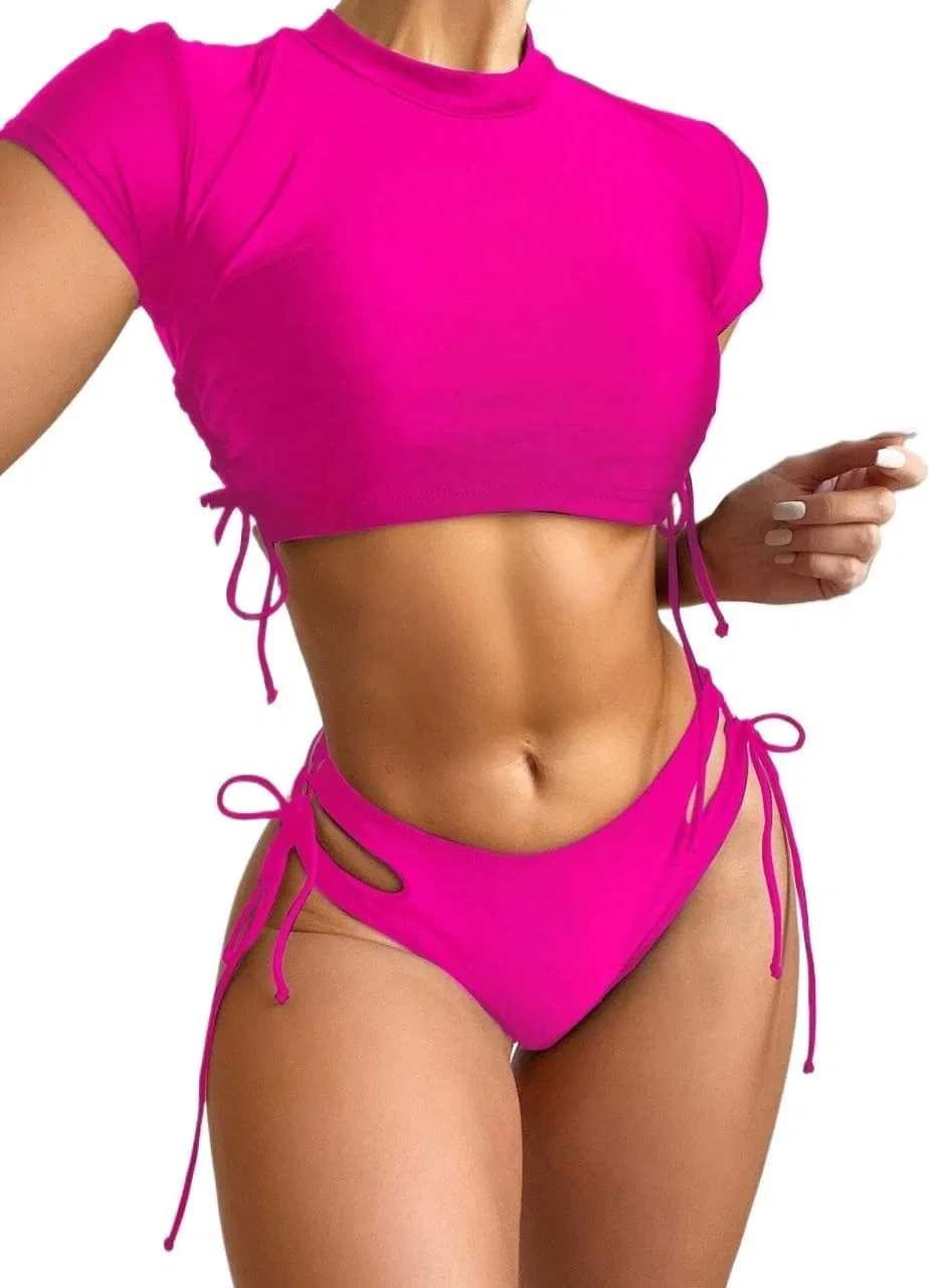 Женский бикини-сет с вырезами и короткими рукавами, Hot Pink