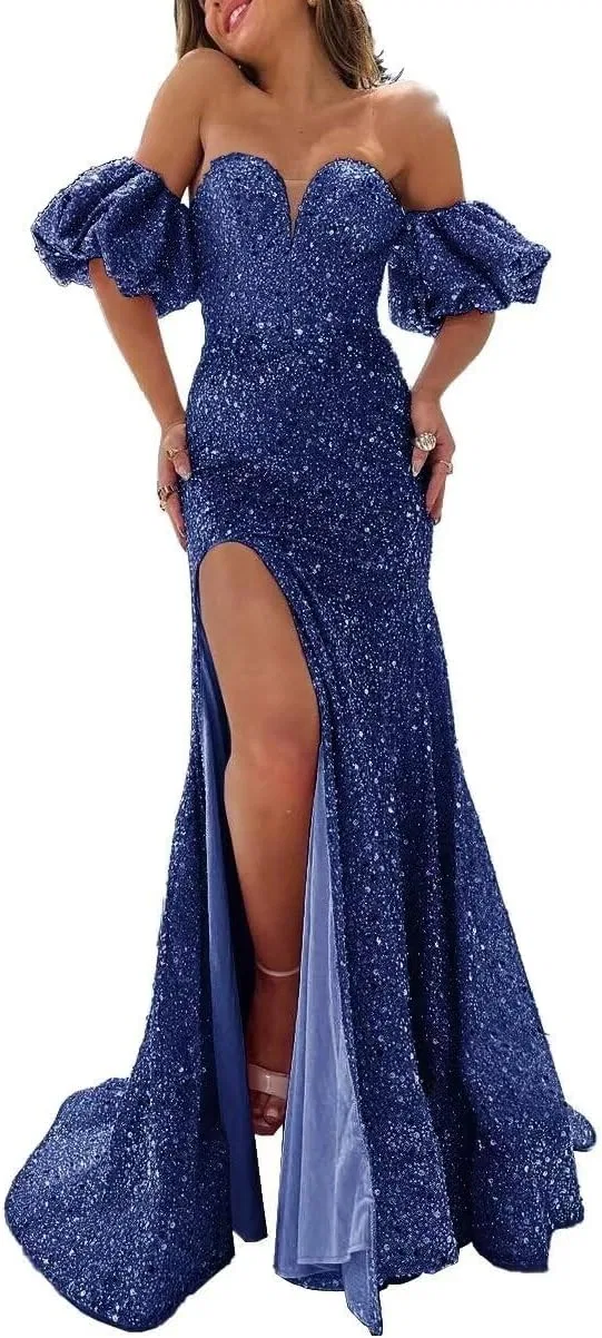 Женское вечернее платье с пайетками и шлейфом, Navy Blue