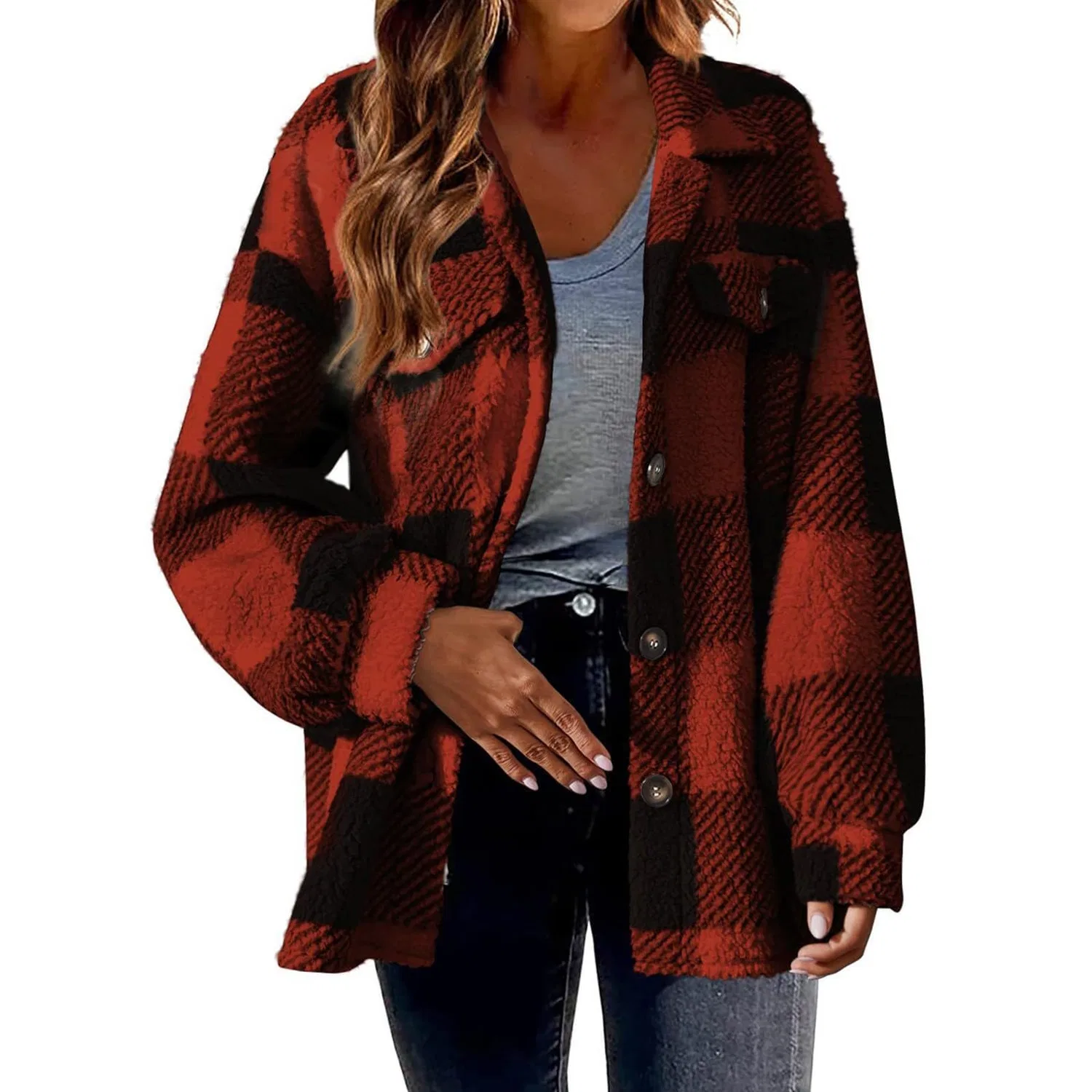 Женское флисовое пальто с принтом Winter Loose Casual Ladies Plaid Lamb Fleece Jacket, Red