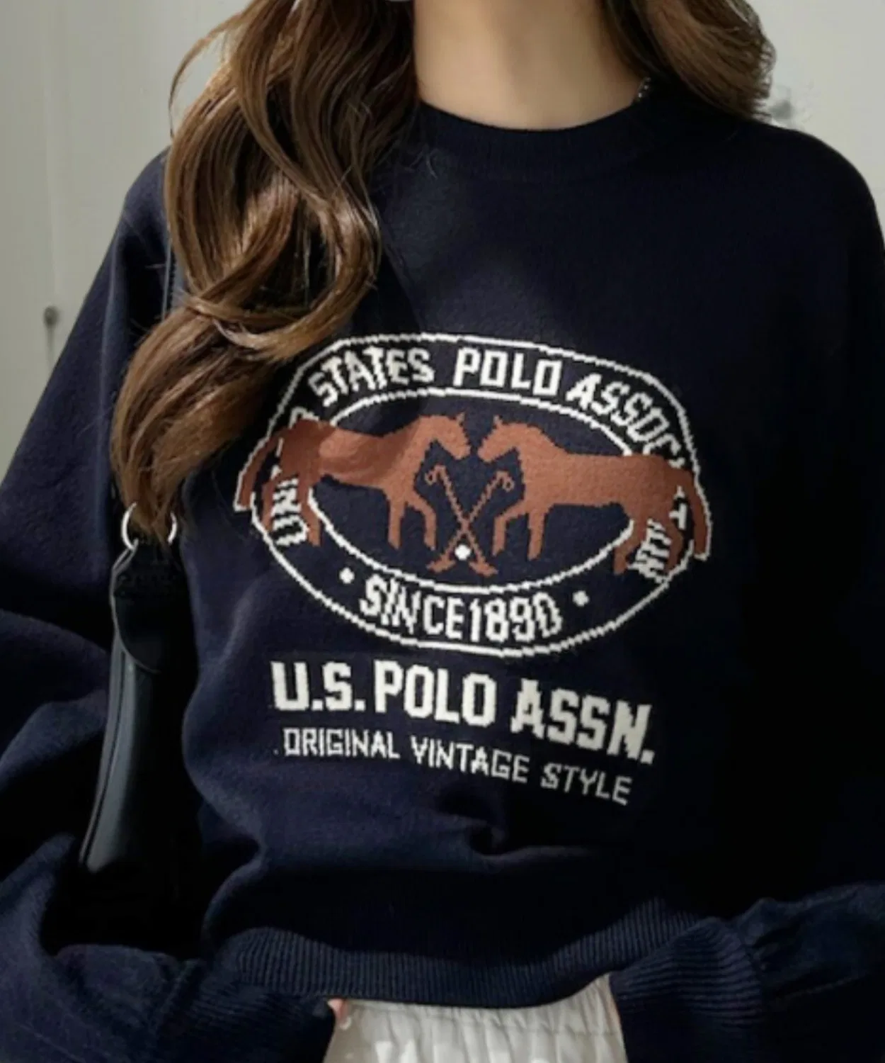 Джемпер U.S. POLO ASSN с жаккардовым логотипом, объемный рукав, тёмно-синий
