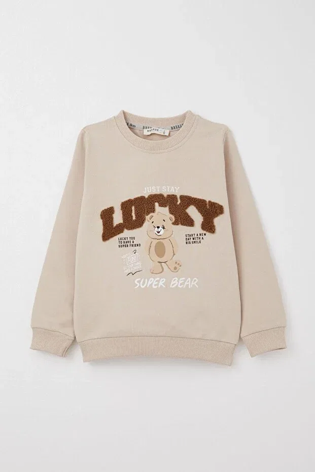 Детский спортивный комплект для мальчиков с принтом Lucky Teddy Bear Printed Text Embroidered Breeze, Beige — фото 2