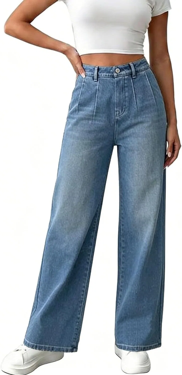 Джинсы прямые Wide Leg, без бренда, синий