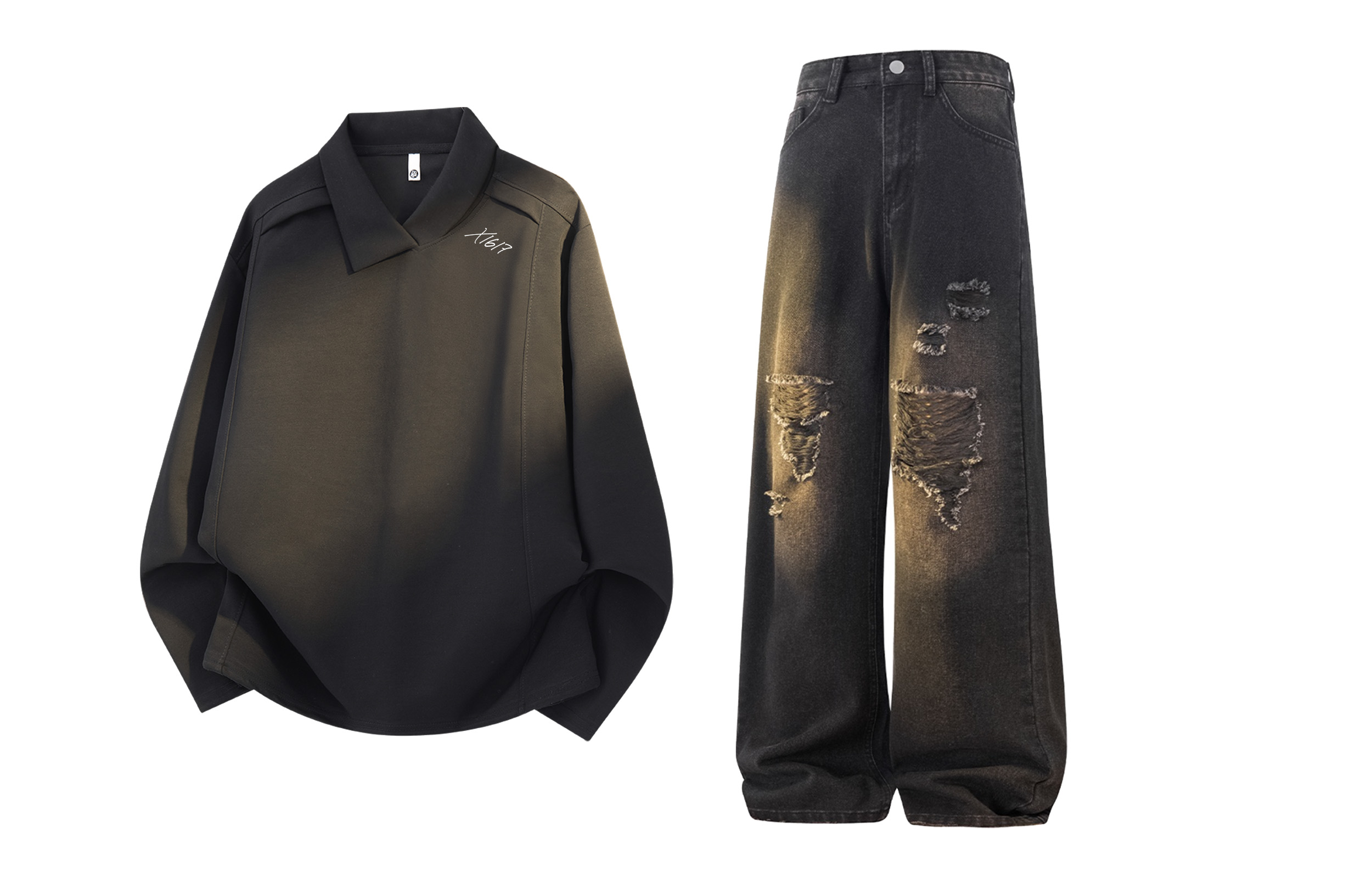 

Повседневная спортивная одежда Unisex с лацканом Lapel Moderate X1617, черный top+синий pants