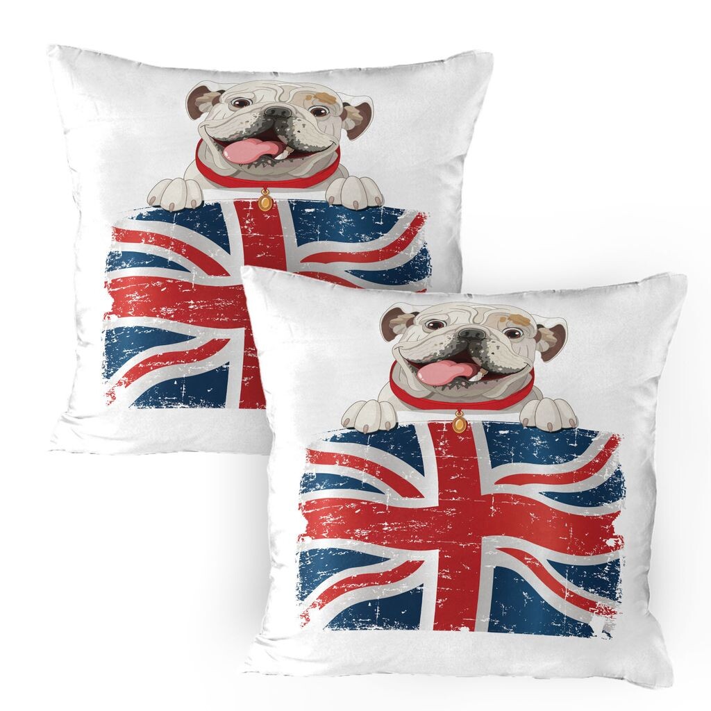 

Чехлы для подушек ABAKUHAUS English Bulldog, комплект из 2 шт., Happy Pet Bulldog с флагом Великобритании, чехол для подушки с декоративным принтом, 80x80 см, кремово-синий-красный