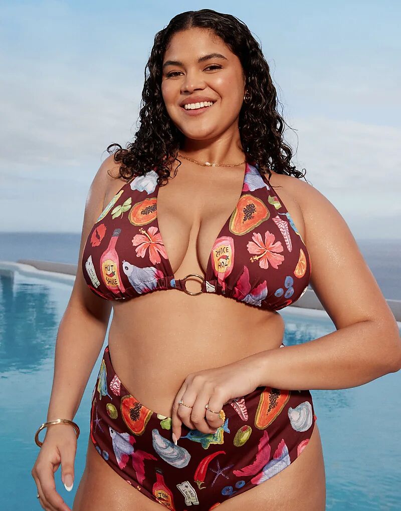 

Бикини-топ Curve Celeste с кольцом и принтом в стиле отпуска от ASOS DESIGN Asos Curve