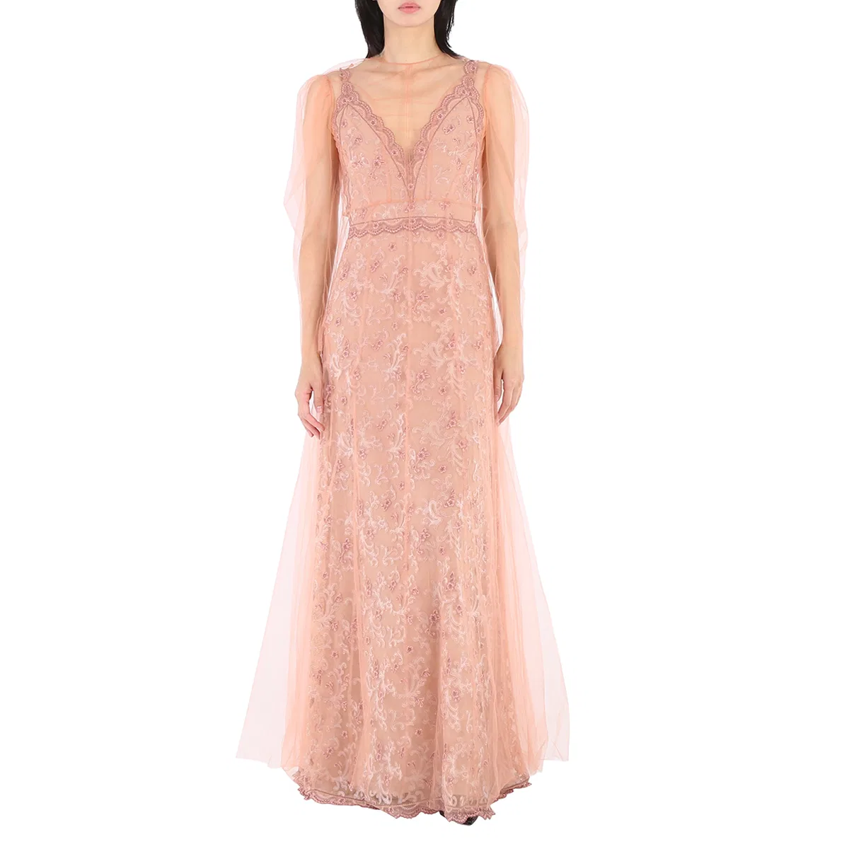 Платье с цветочной вышивкой и пышными рукавами Floral-embroidered Puff-sleeve Dress Burberry, Dusty Pink