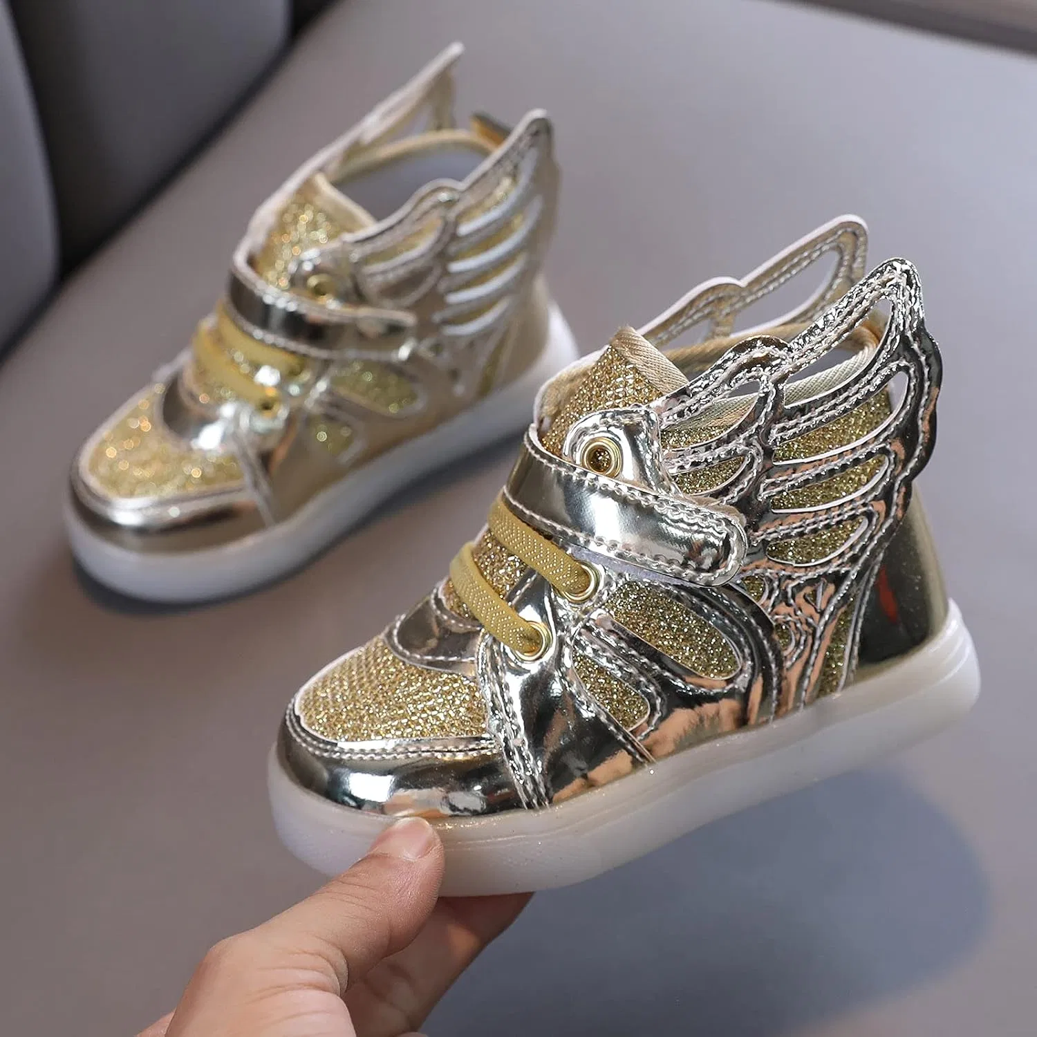 Детские кроссовки для девочек с подсветкой и пайетками, Gold — фото 2