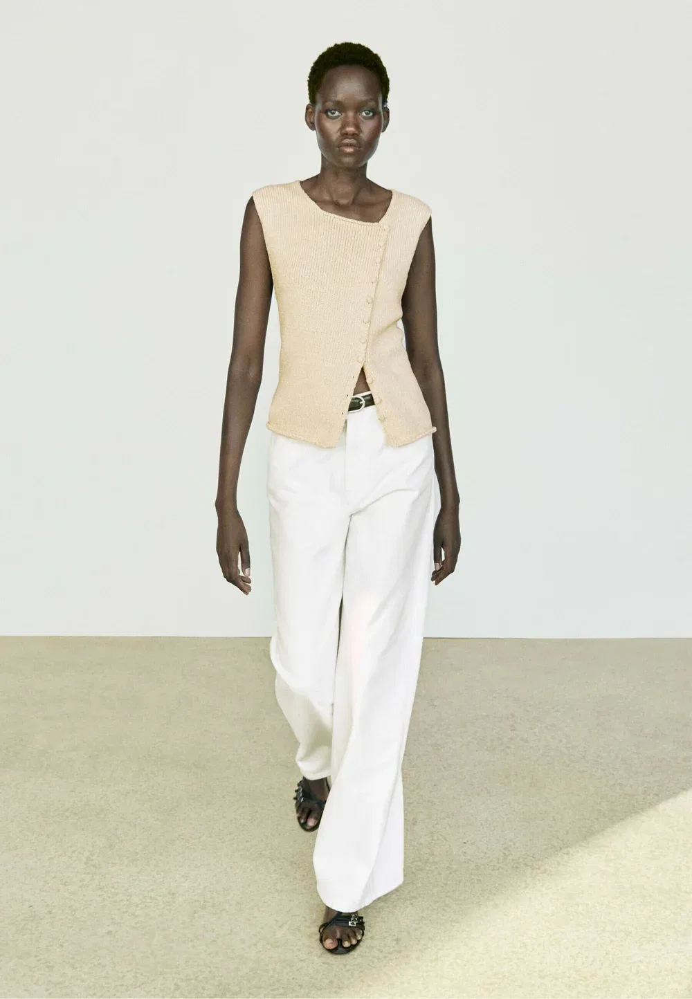 Вязаный топ из смесовой хлопковой ткани с пуговицами Massimo Dutti, White — фото 2