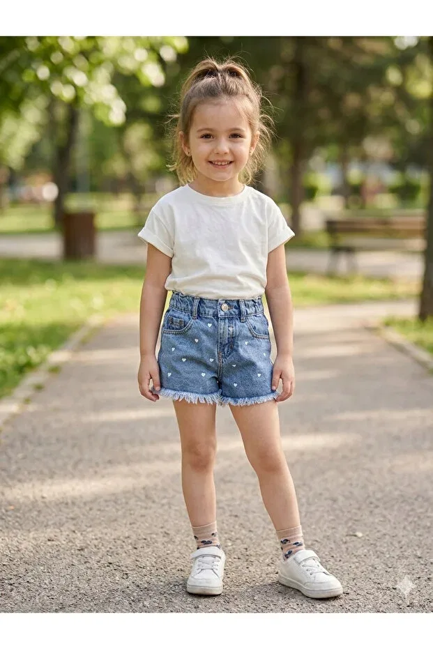 Детские джинсовые шорты для девочек с принтом Heart Detailed Tasseled Denim Shorts Dastini, Blue