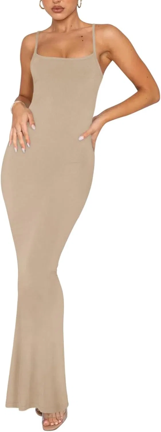 Женское длинное платье-комбинация без рукавов Bodycon, Khaki