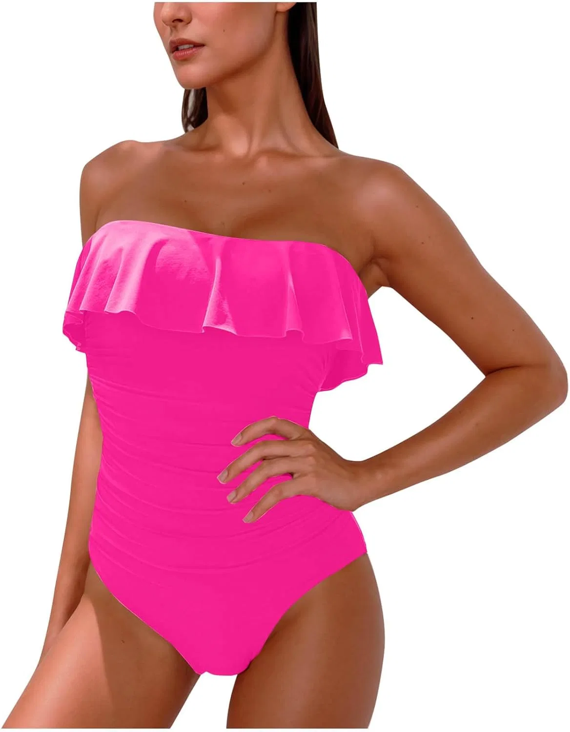 Женский цельнокроеный купальник с рюшами и утяжкой, Solid, Hot Pink