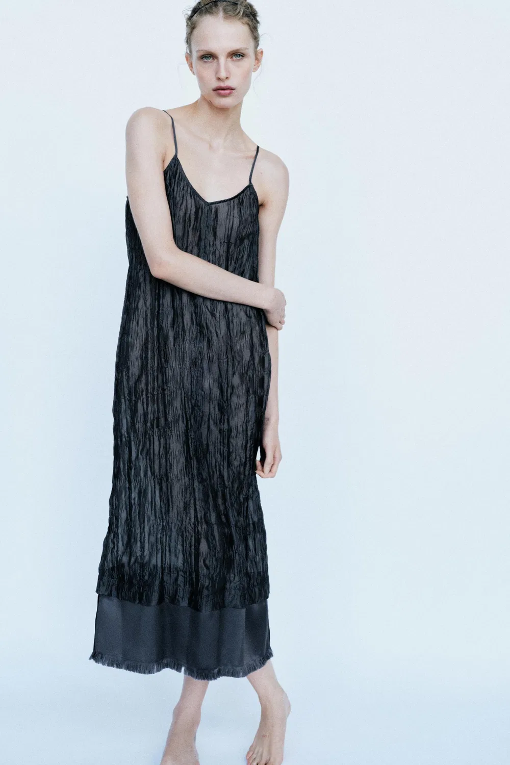 Платье с бретелями и эффектом жатой ткани ZARA, Mid-blue