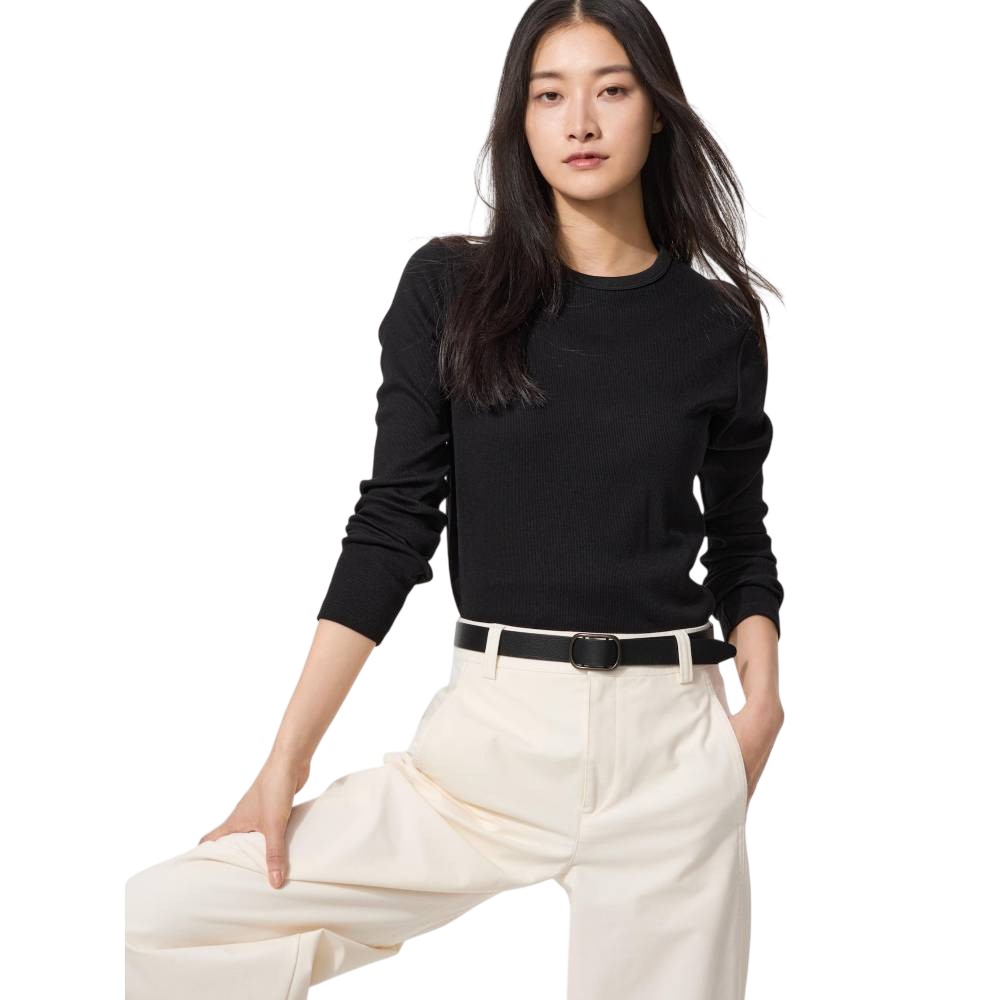 Лонгслив Uniqlo Soft Rib Crew Neck T-Shirt, 09 черный