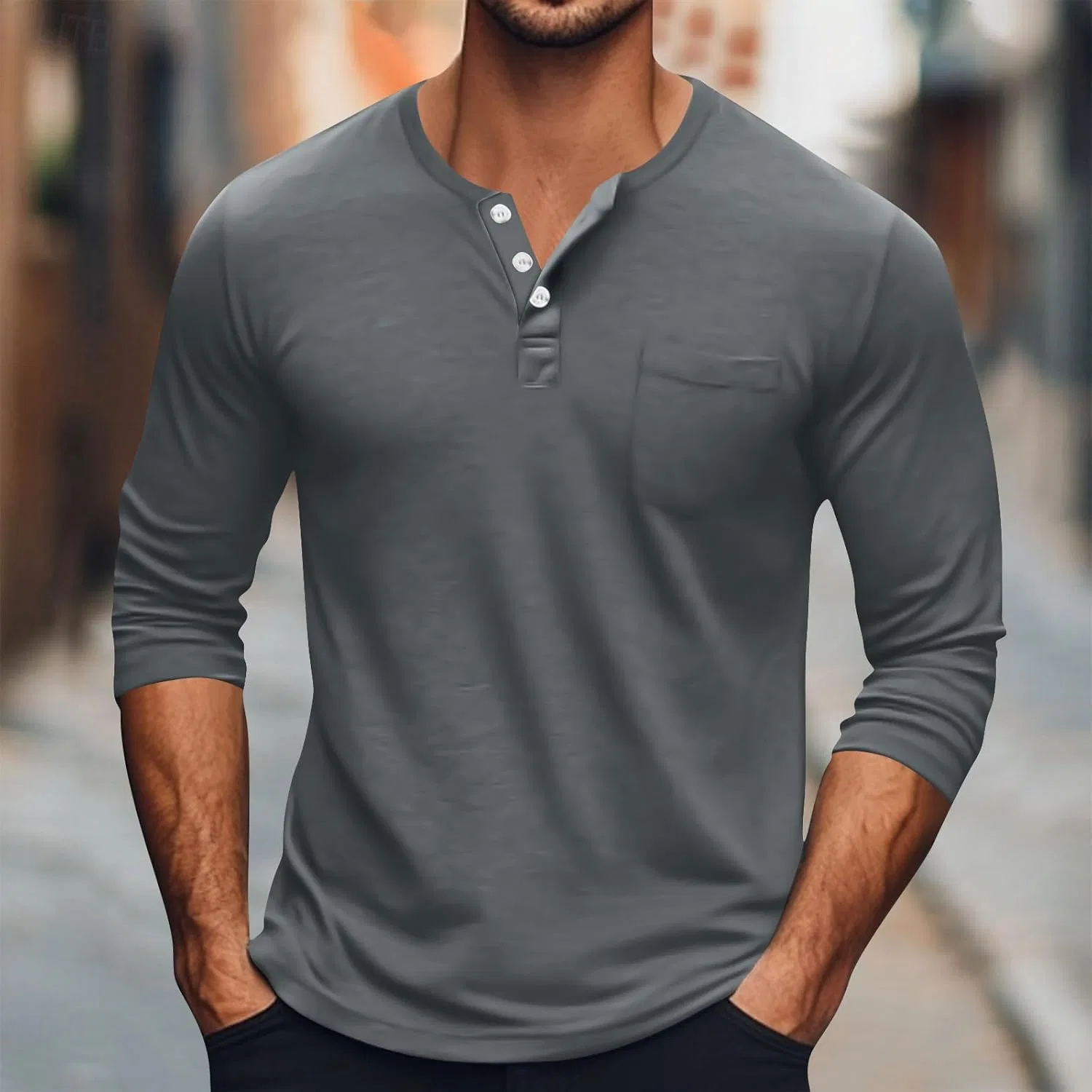 Мужская длинная футболка с воротником-поло хлопковая Henley с карманом, Gray — фото 2