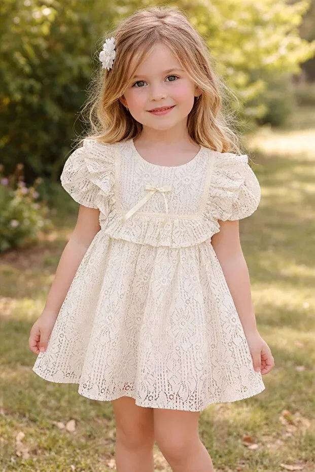 Детское платье из кружева с коротким рукавом Robadan Ruffled Lace Dress Bilge Trend, White Short Sleeves