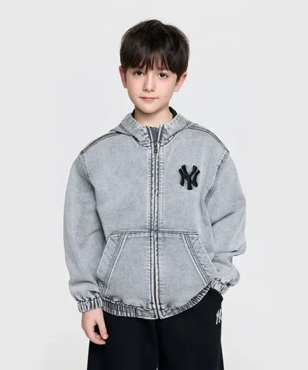 Джинсовая куртка-худи на молнии, базовая, ny Mlb Kids, светло-серый