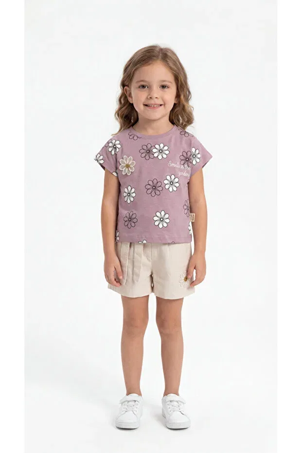 Детский комплект футболки и шорт с принтом Floral Patterned Appliqued Belted Mışıl Kids, Lilac