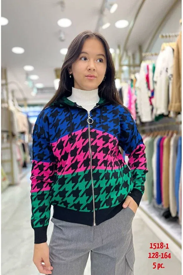 Детский кардиган для девочек с узором в елочку Gore-Seed Patterned Zippered Hooded Girl's Cardigan Minimoda Kids, Colored