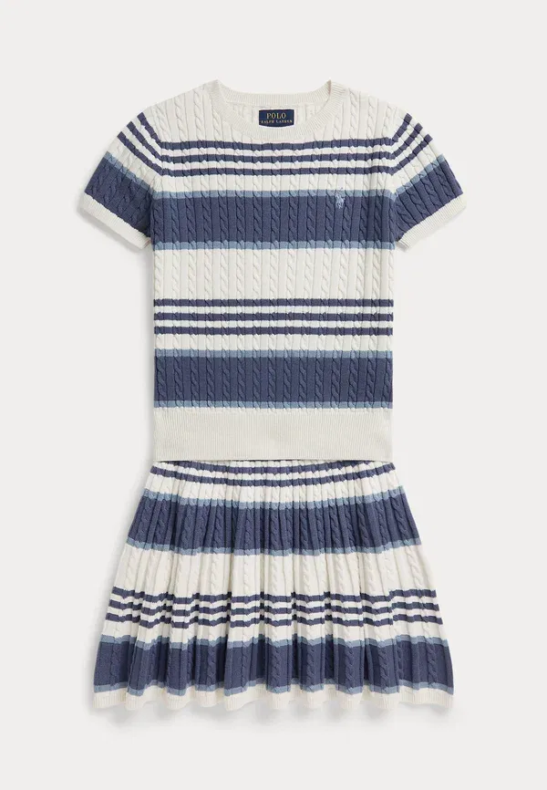Комплект свитер и юбка с полосками Striped cable cotton sweater & skirt set Polo Ralph Lauren, Deckwash White/Multi, белый/мультиколор