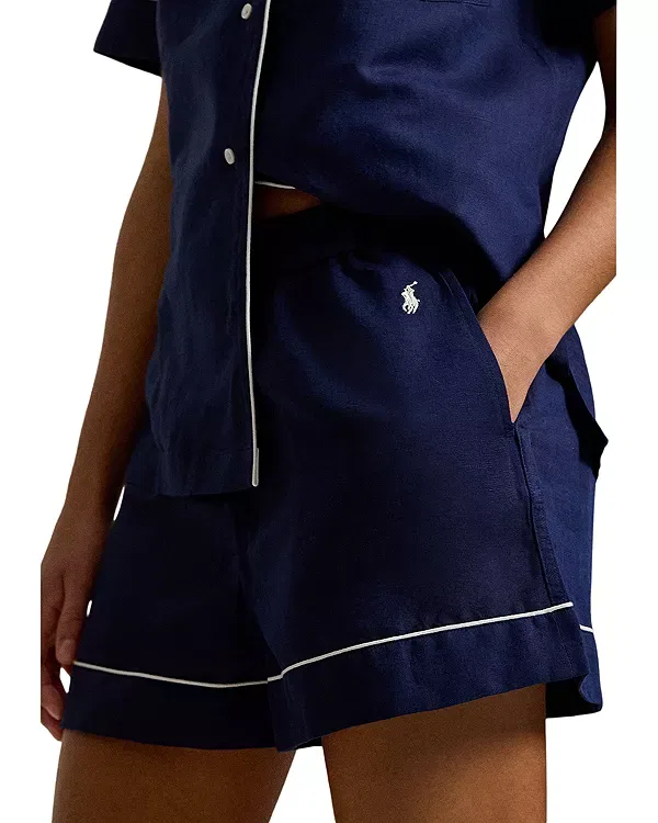 Женский комплект пижамы из льна и хлопка с коротким рукавом Polo Ralph Lauren, темно-синий — фото 3