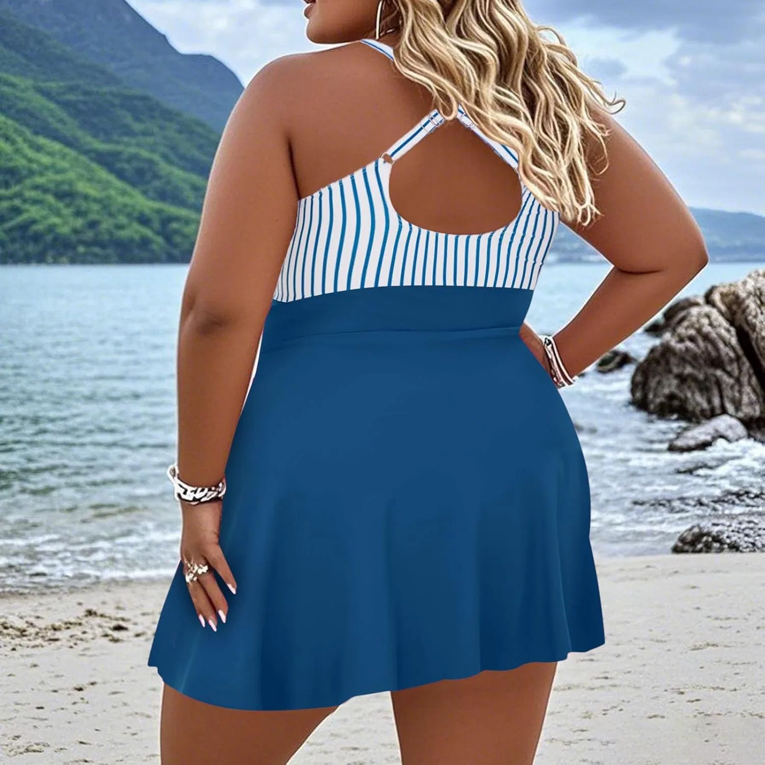 Женский купальник слитный с запахом и юбкой Plus Size, Blue — фото 3