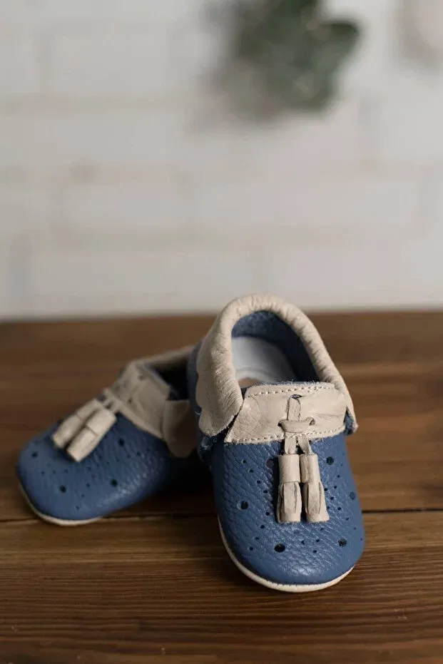 Детские туфли для новорожденных с кисточками Olivo Mini, Blue-Cream