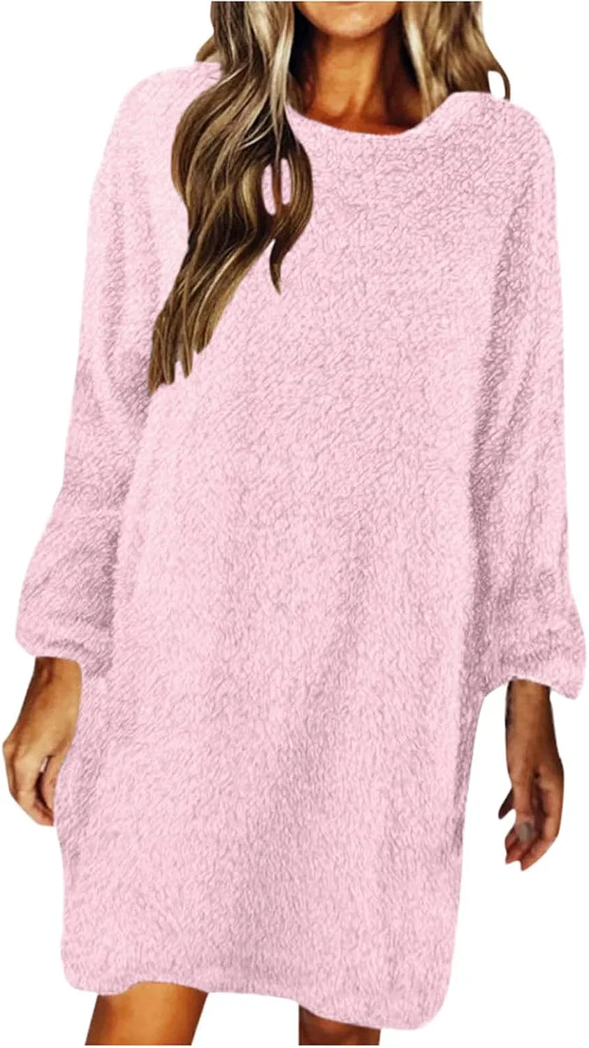 Женское платье-свитер свободное Plush Fuzzy Pullover, Pink