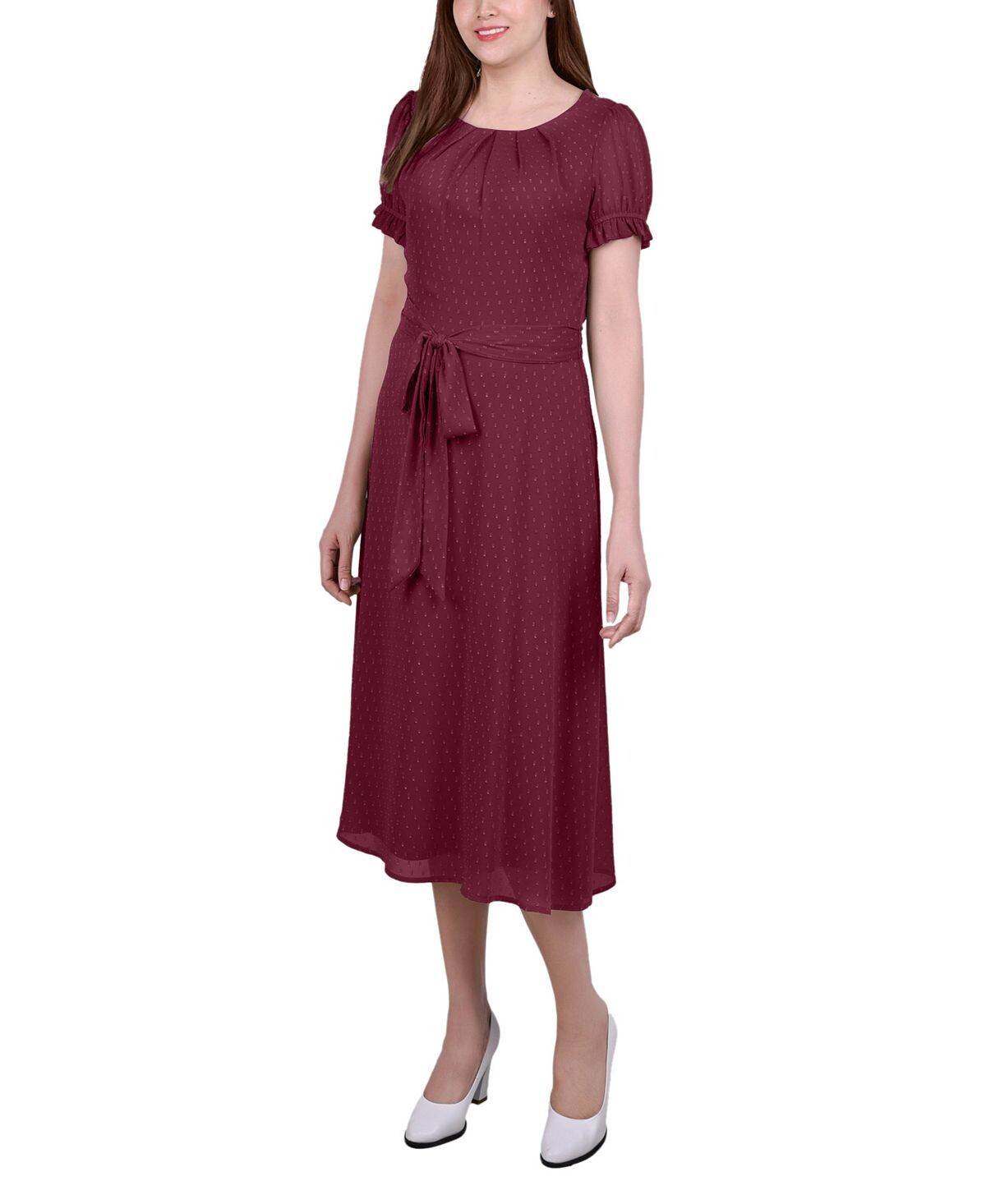 

Миниатюрное платье в горошек с поясом и короткими рукавами NY Collection, мульти