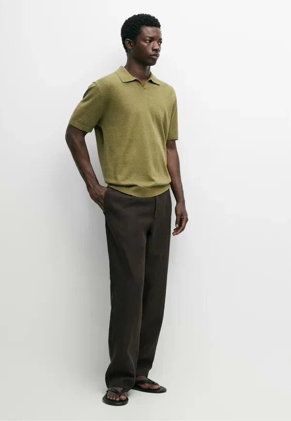 Футболка поло из льна и хлопка Polo shirt Massimo Dutti, Olive, оливковый — фото 2