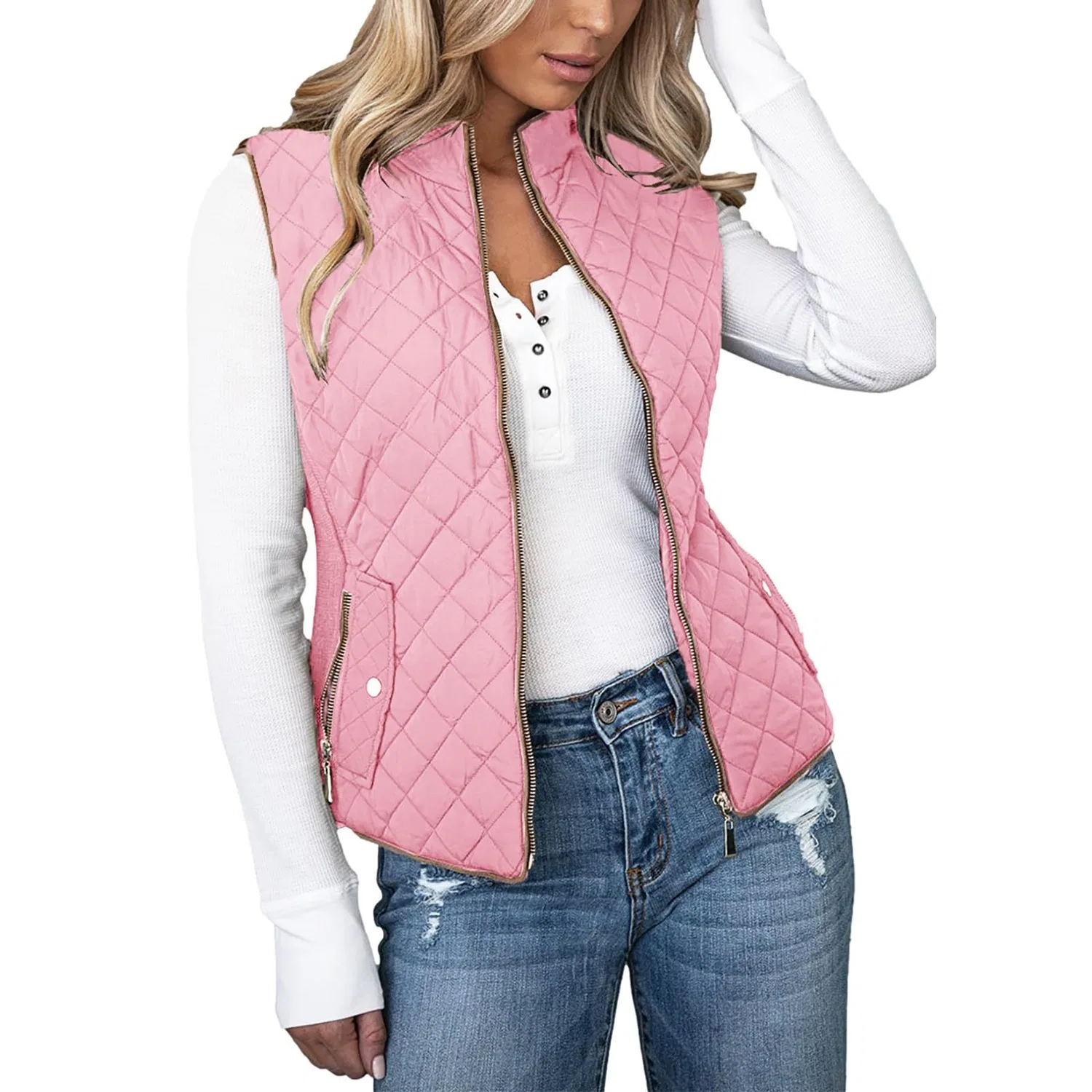 Женский жилет с принтом Attumn Winter Solid Composite Zipper Vest Jacket Sleeveless with Pocket Spring Jackets, Rosa