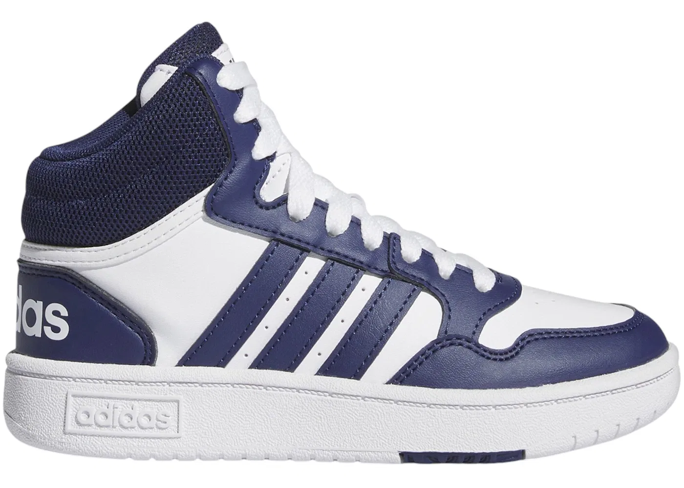 Детские кроссовки высокие с брендовым дизайном Adidas Hoops Mid, Cloud White/Dark Blue/Dark Blue