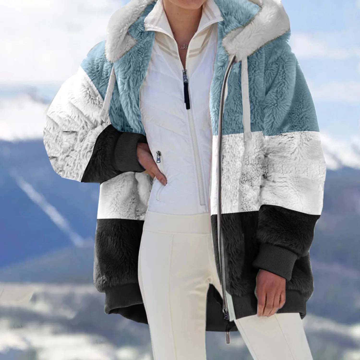 Женское зимнее пальто на флисовой подкладке с zip и капюшоном, Bianco-h — фото 3