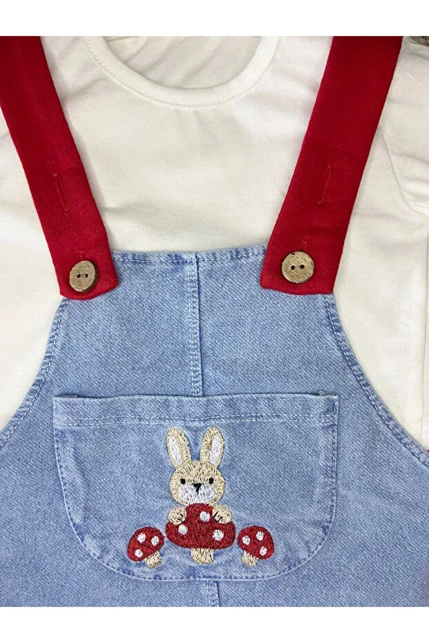 Детский комбинезон-сарафан для девочек с принтом Rabbit Mushroom Embroidery Detailed Baby Girl Salopet Dress Set of 2 Aslin Store, Blue — фото 4