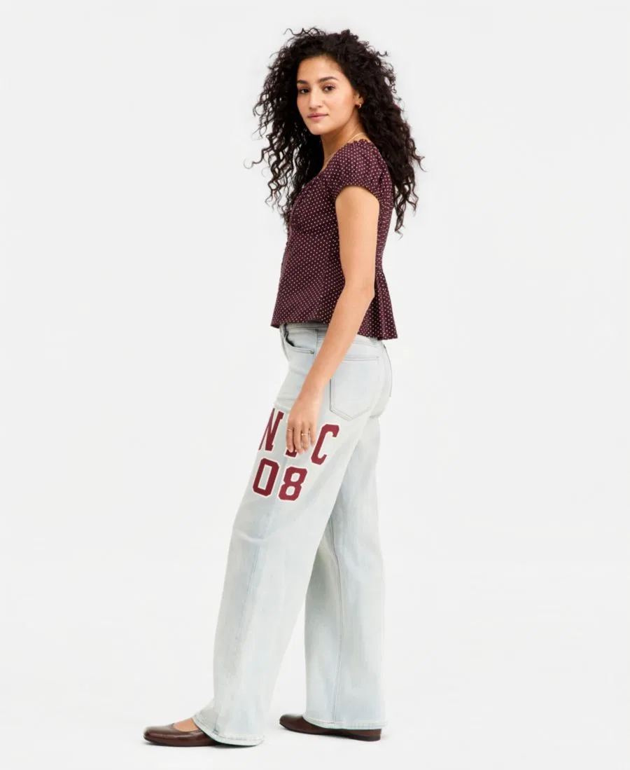 Джинсы с широкими штанинами с принтом Varsity Madden Girl, Light Wash — фото 2
