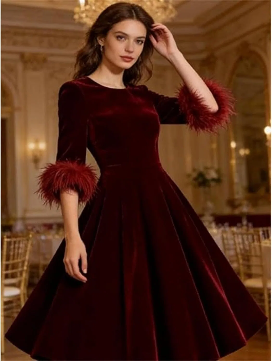 Женское коктейльное платье из велюра с перьями, Wine Red — фото 2