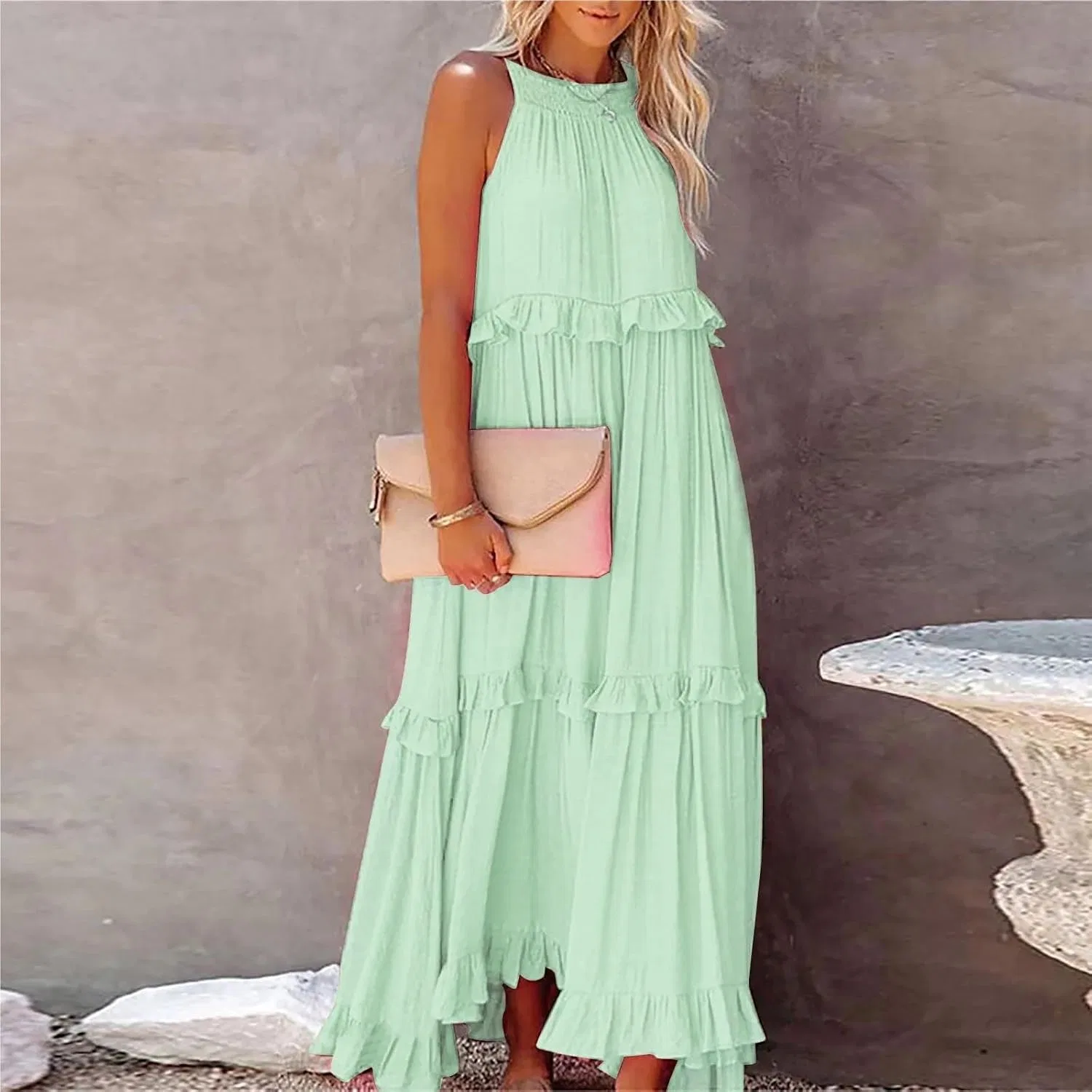 Женское длинное повседневное платье без рукавов Plus Size, Mint Green — фото 3